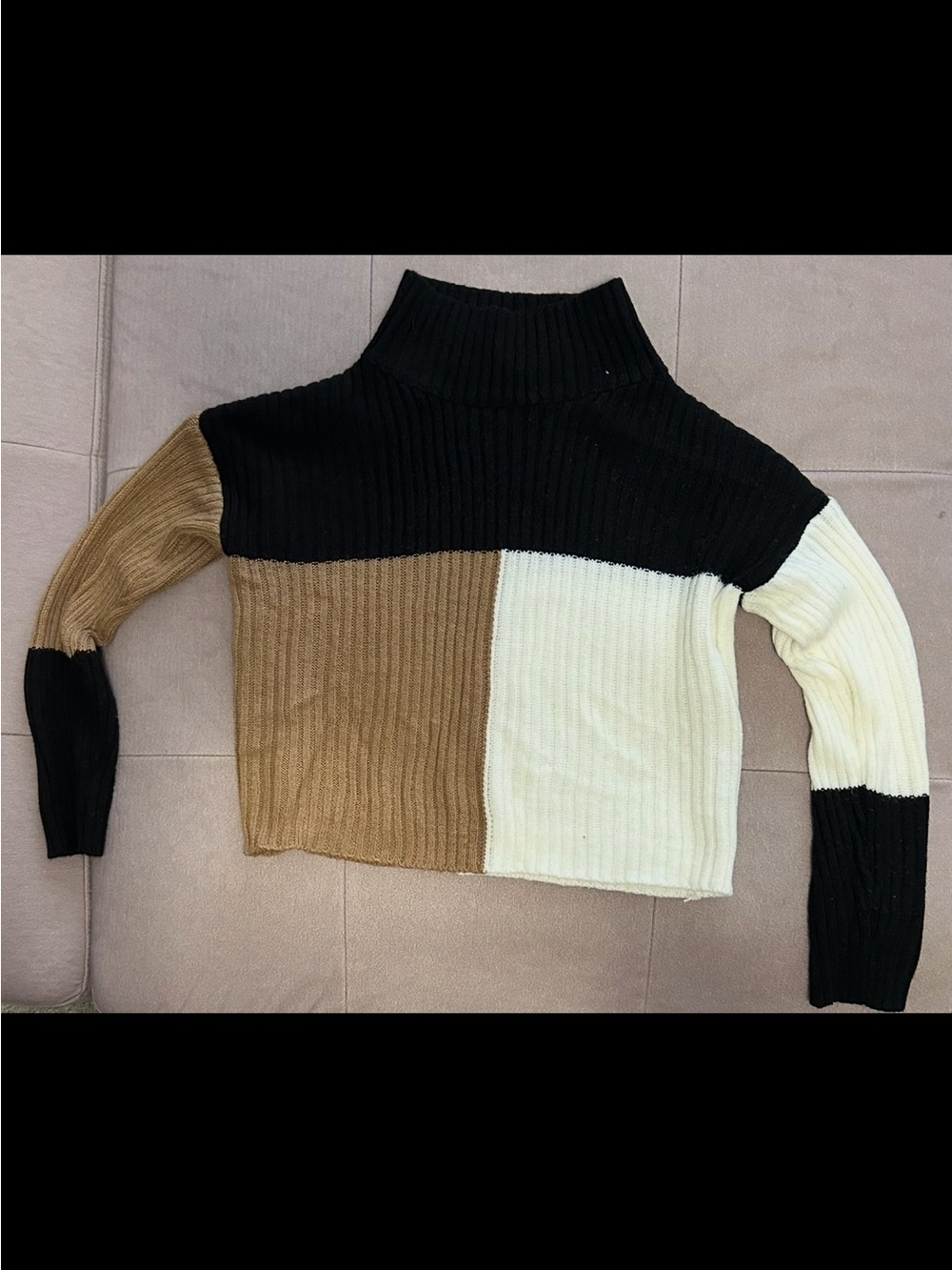 SHEIN Colorblock Ribbed Turtleneck Sweater - Black, Brown & Cream